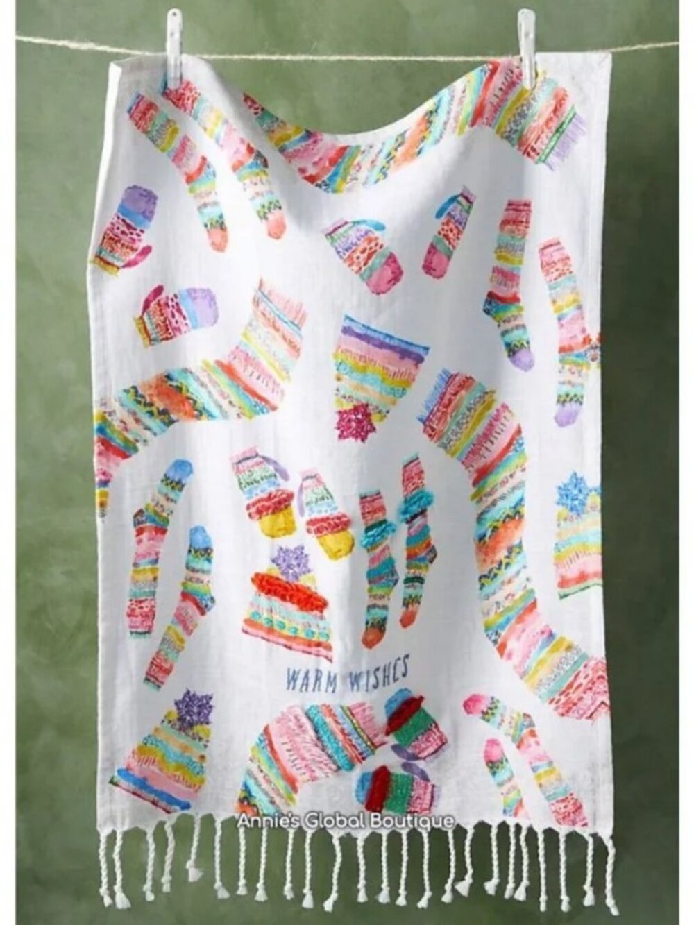 NIP Anthropologie Warm Wishes Embroidered Fringe Holiday Dish Towel